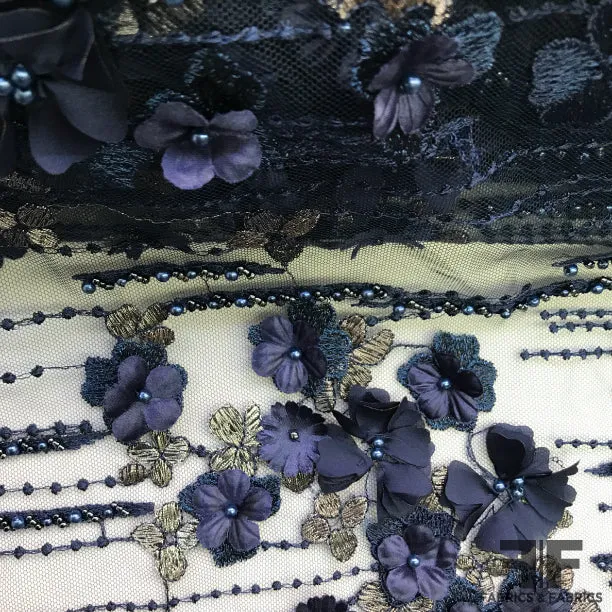 3D Floral Beaded/Embroidered Netting - Navy