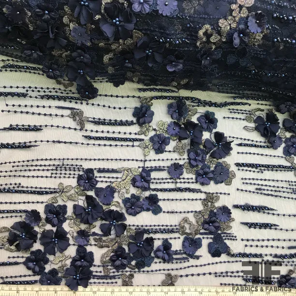 3D Floral Beaded/Embroidered Netting - Navy