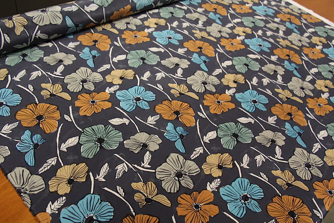 Anemone Garden Charcoal - Liberty Crepe De Chine