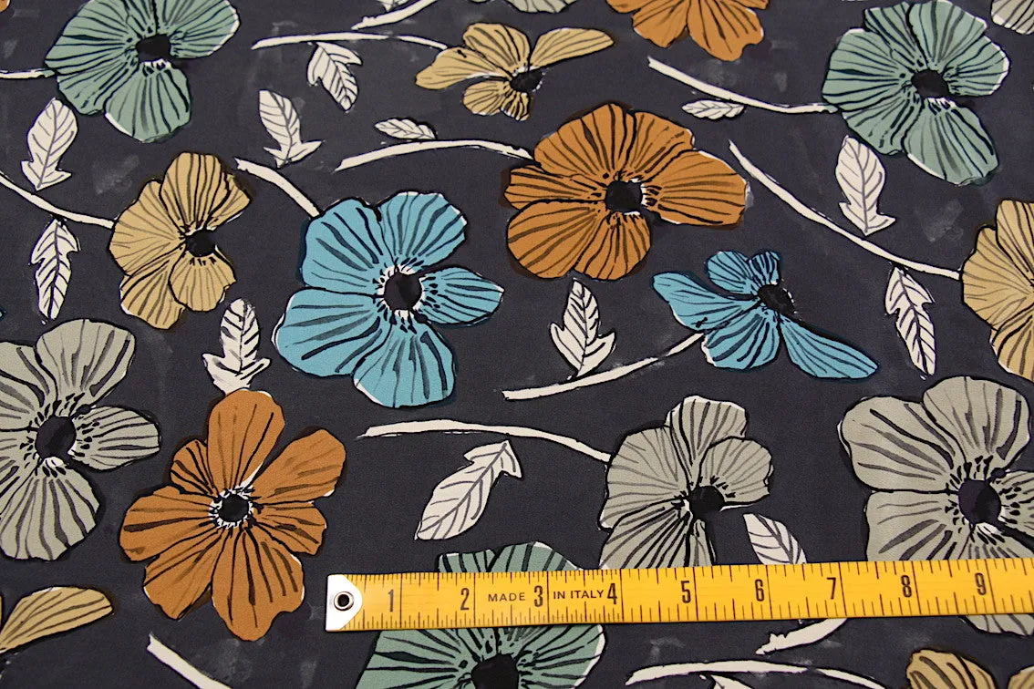 Anemone Garden Charcoal - Liberty Crepe De Chine