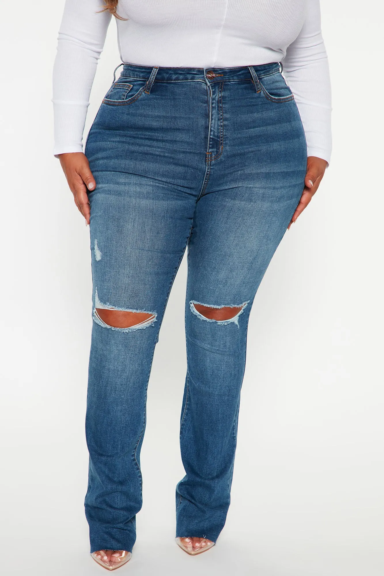 Best Stretch Ripped High Rise Bootcut Jeans - Dark Wash