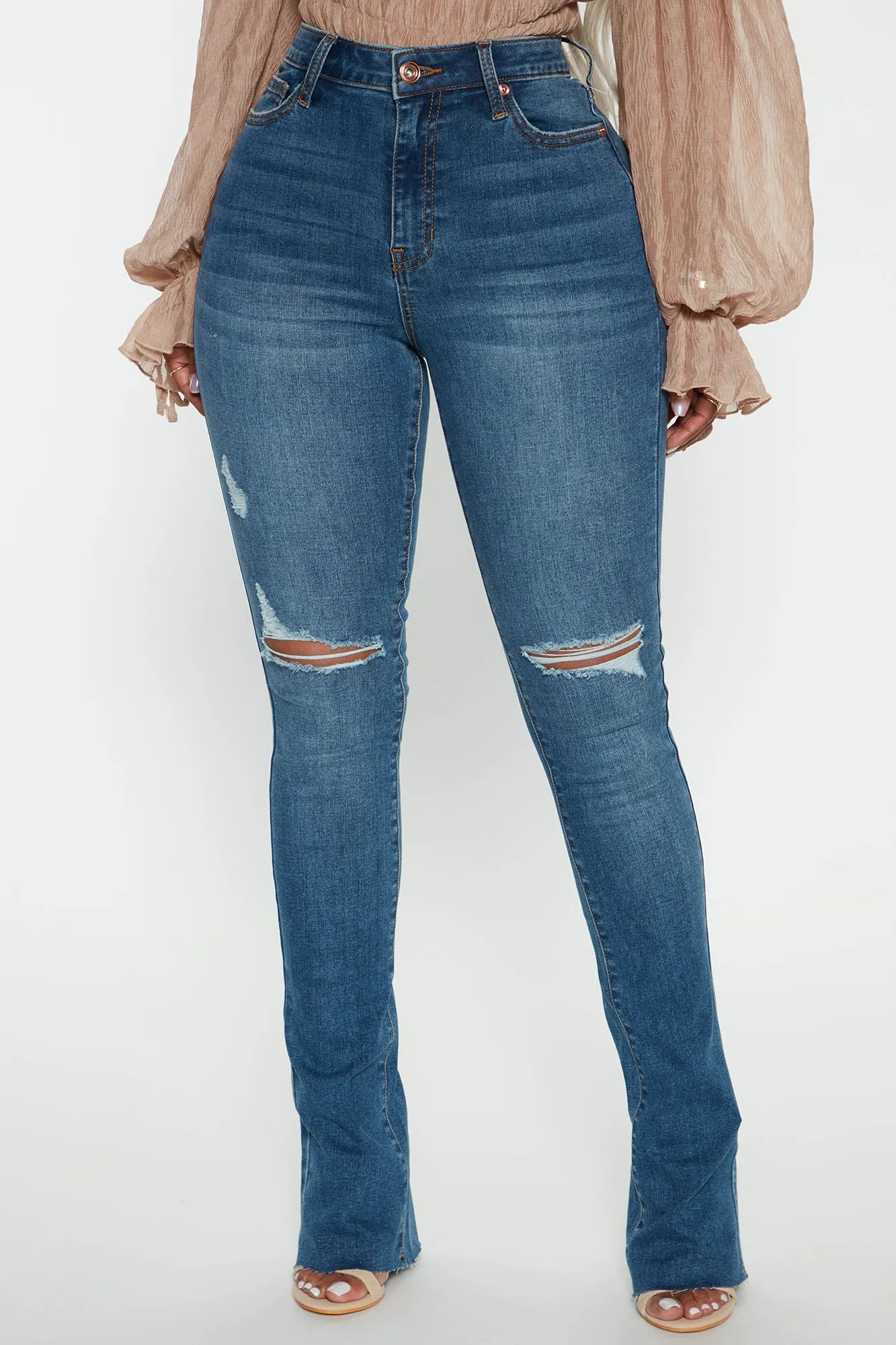 Best Stretch Ripped High Rise Bootcut Jeans - Dark Wash