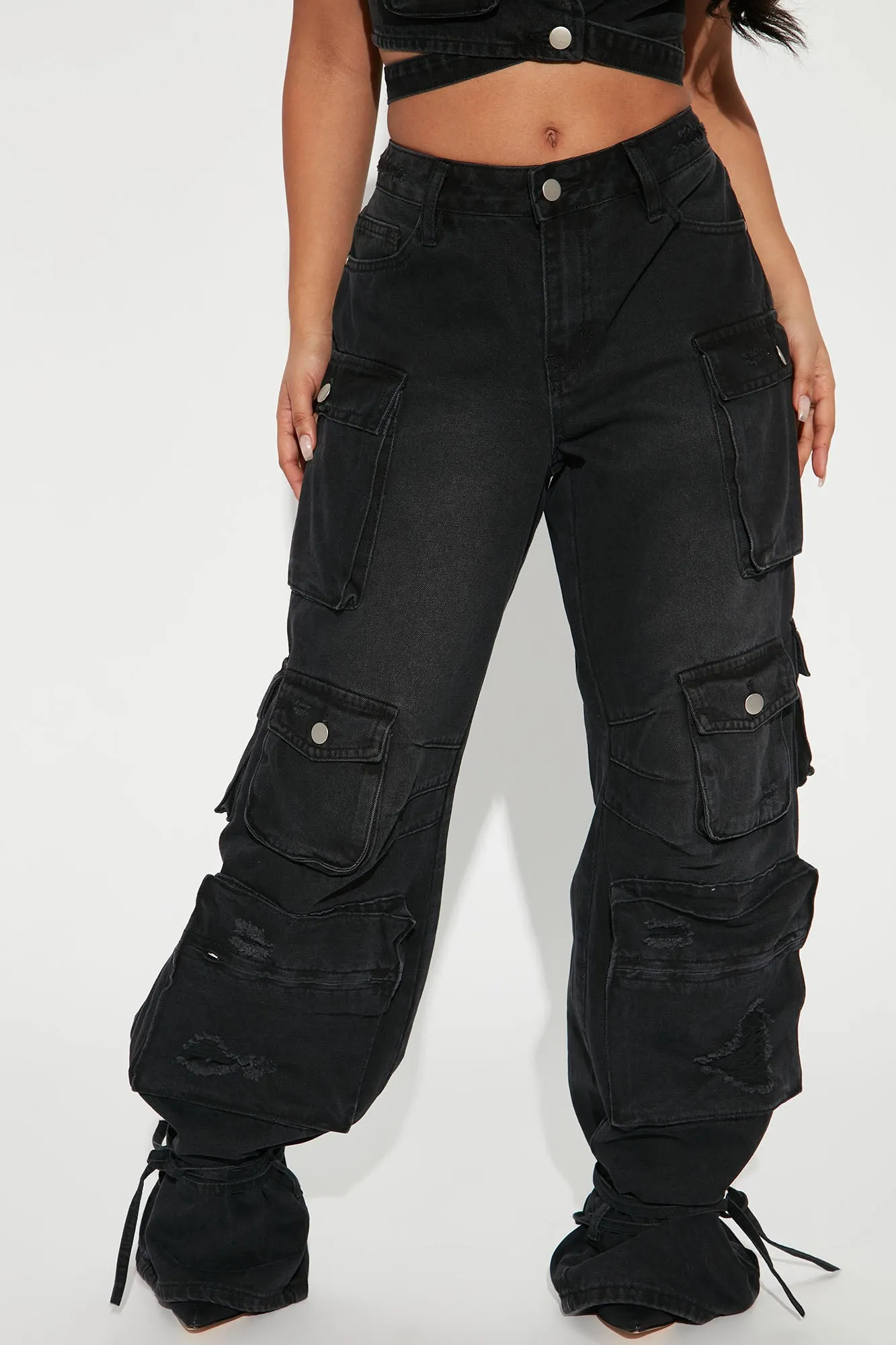 Billie Ripped Ankle Tie Cargo Jeans - Black