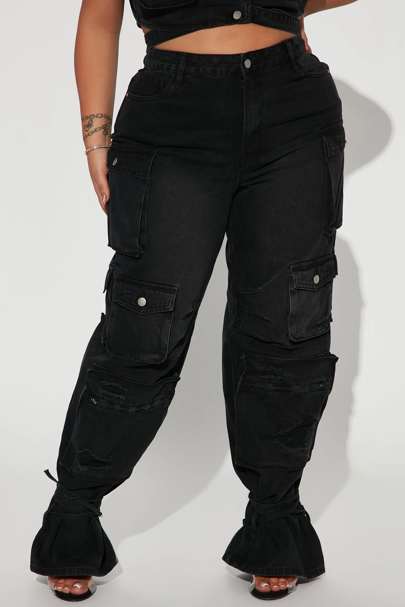 Billie Ripped Ankle Tie Cargo Jeans - Black