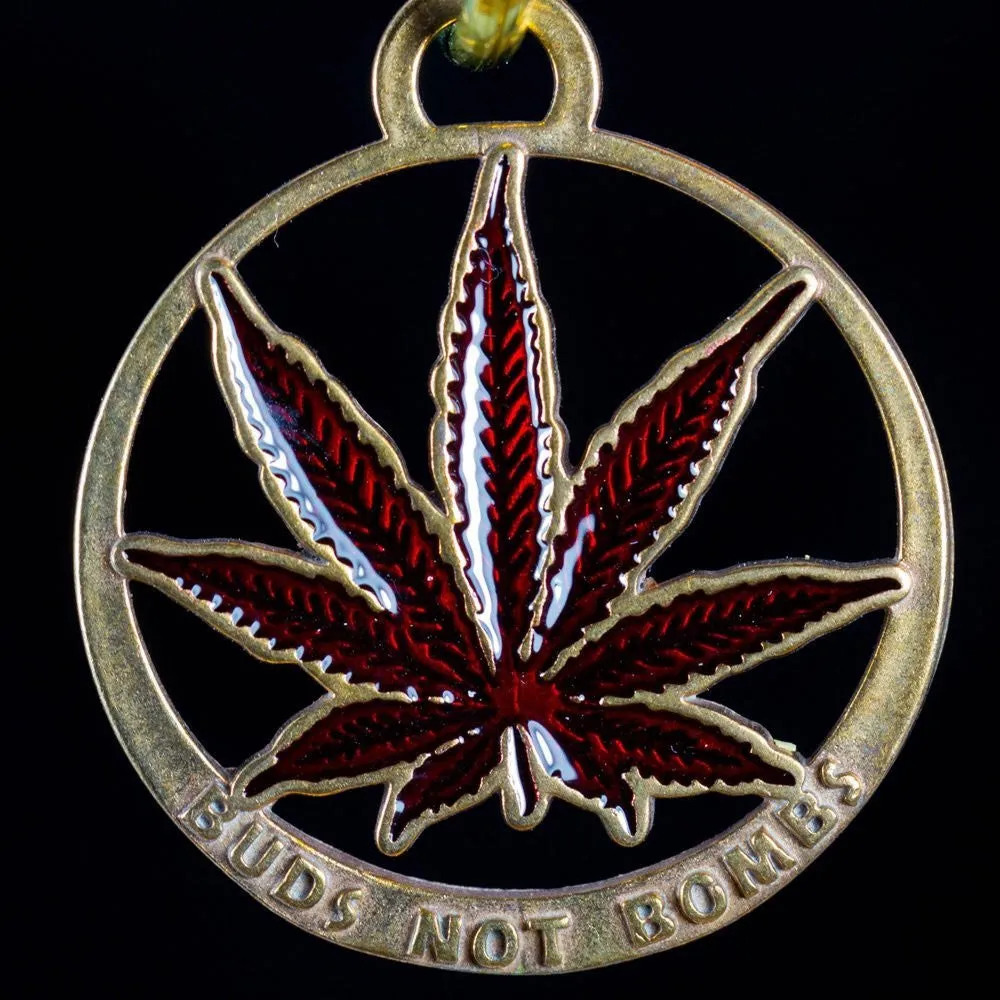 Buds Not Bombs Panama Red Enamel Leaf Necklace on Polished Brass Ball Chain (Wholesale)