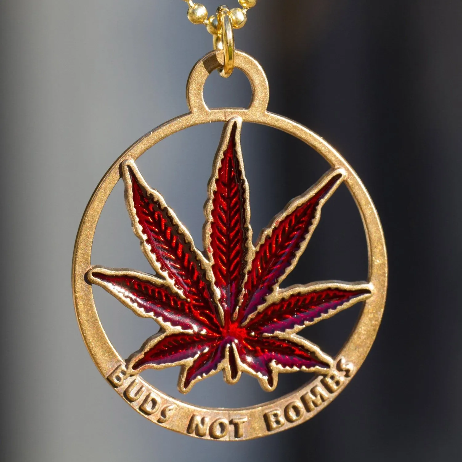 Buds Not Bombs Panama Red Enamel Leaf Necklace on Polished Brass Ball Chain (Wholesale)