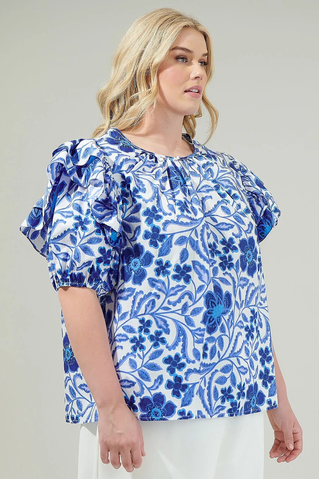 Celeste Floral Flores Poplin Ruffle Short Sleeve Top Curve