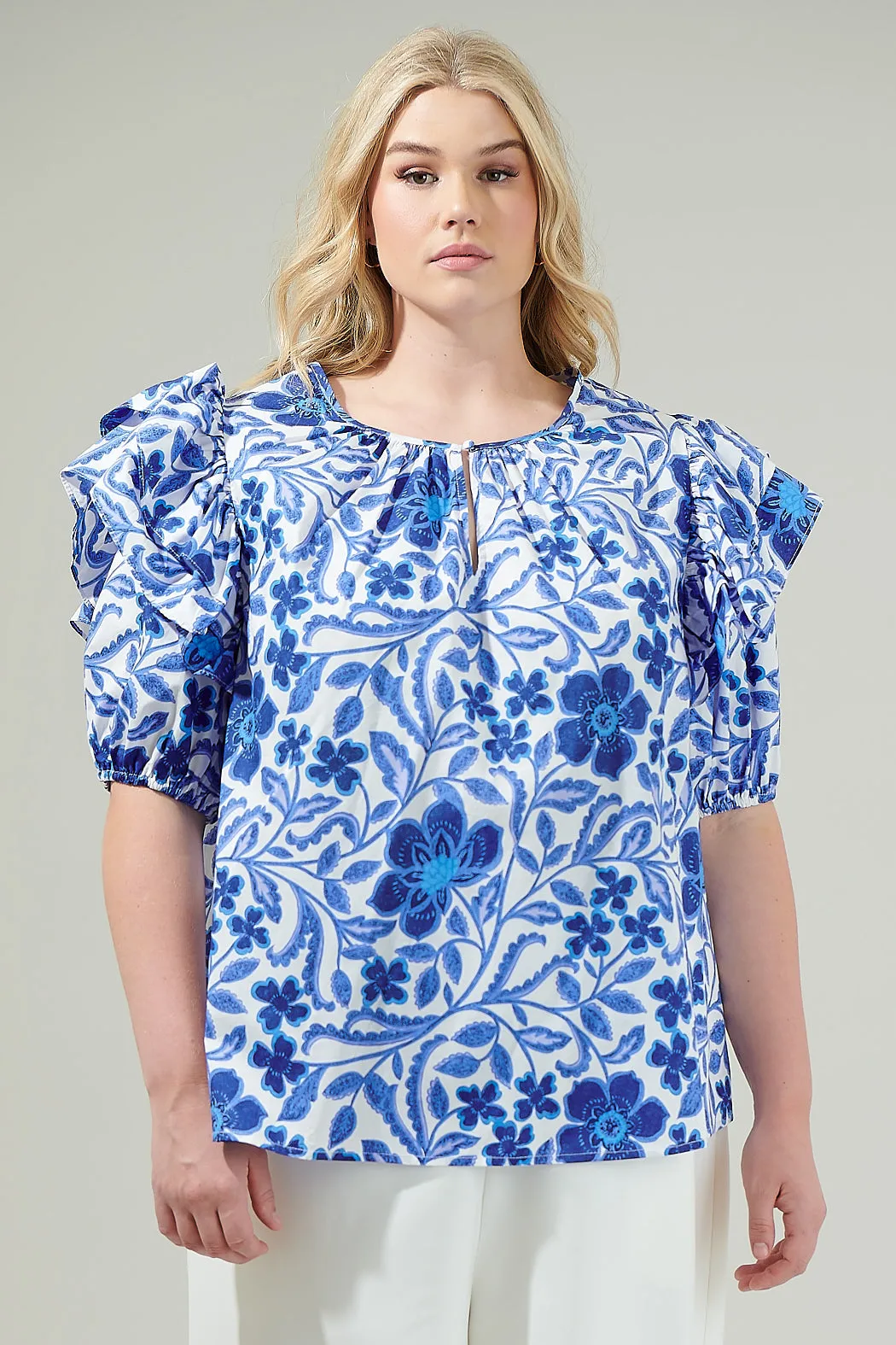 Celeste Floral Flores Poplin Ruffle Short Sleeve Top Curve