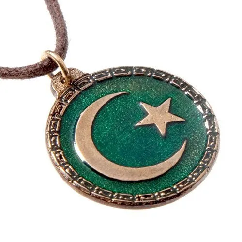 Crescent Moon and Star Green Enamel Pendant Necklace on Adjustable Natural Fiber Cord