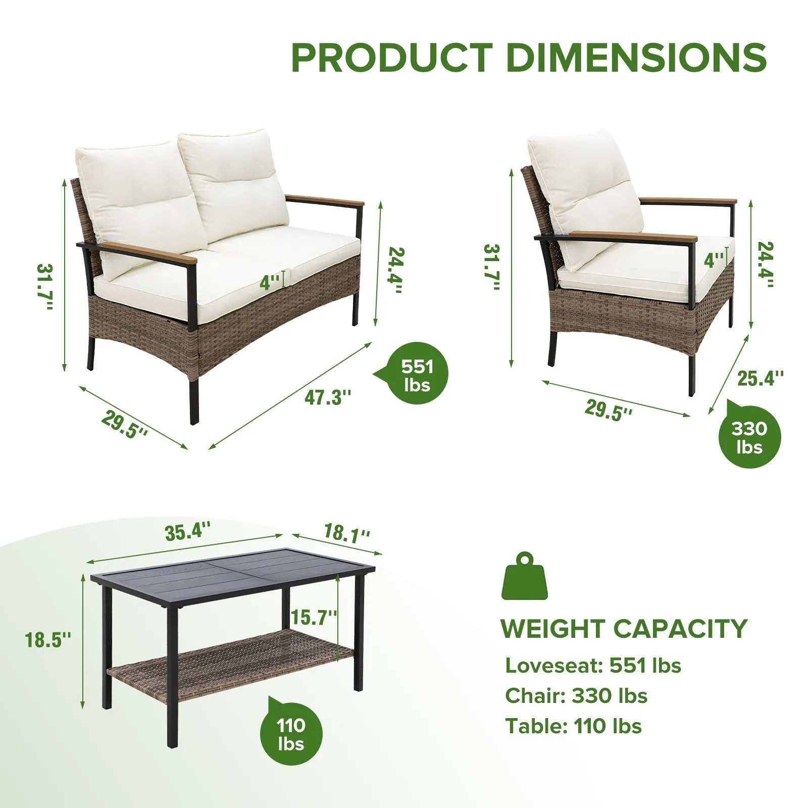 EAGLE PEAK 4-Piece Outdoor Rattan Conversation Sofa Set with Steel Coffee Table