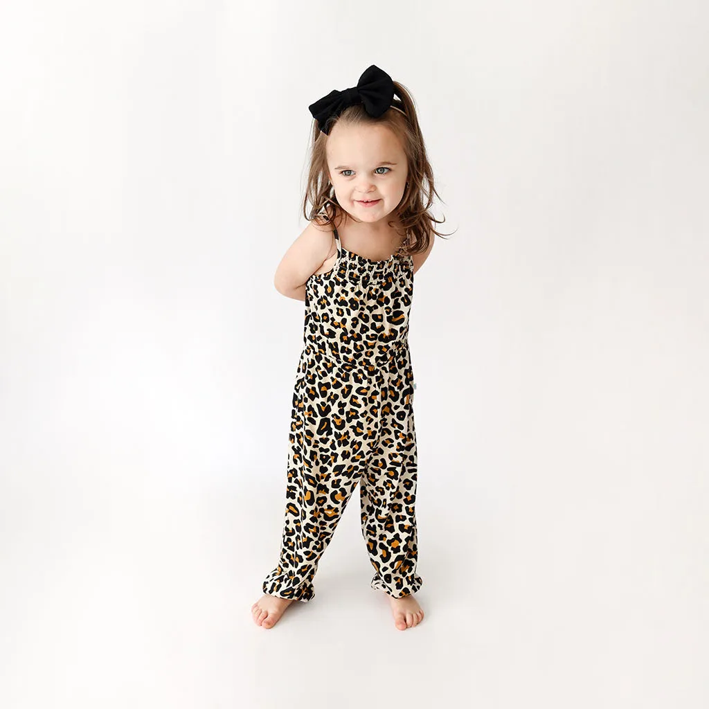 Lana Leopard Tan Sleeveless Smocked Jumpsuit