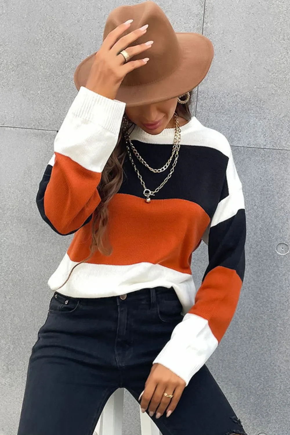 Longing For Fall Color Block Sweater | Cozy Round Neck, Dropped Shoulders & Ribbed Design