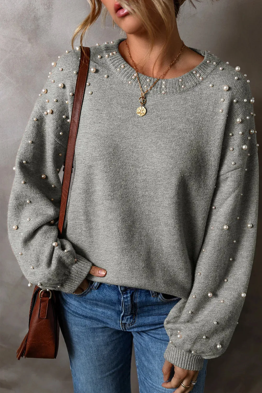 Pearl Detail Round Neck Long Sleeve Sweater | Chic & Cozy