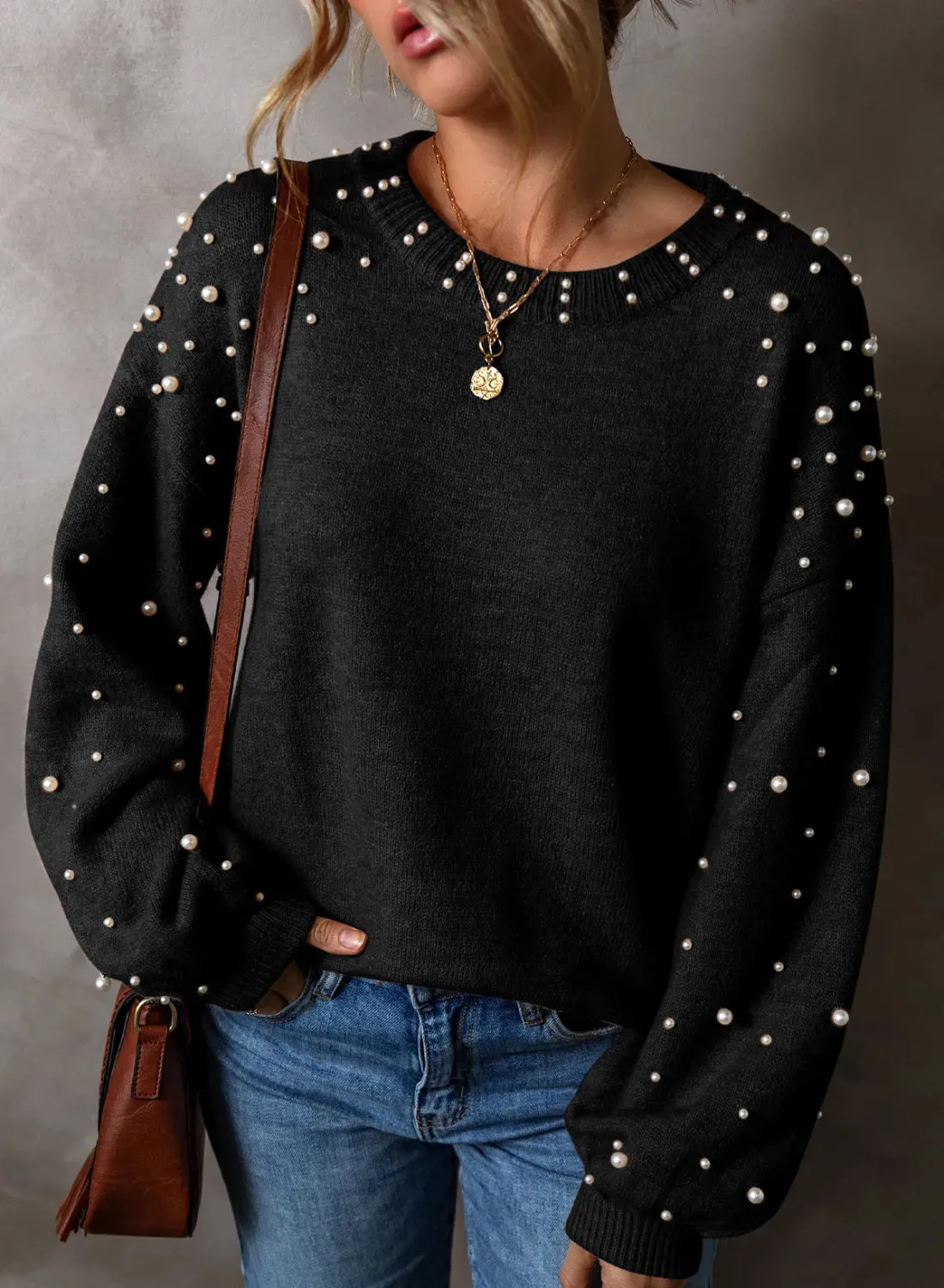 Pearl Detail Round Neck Long Sleeve Sweater | Chic & Cozy