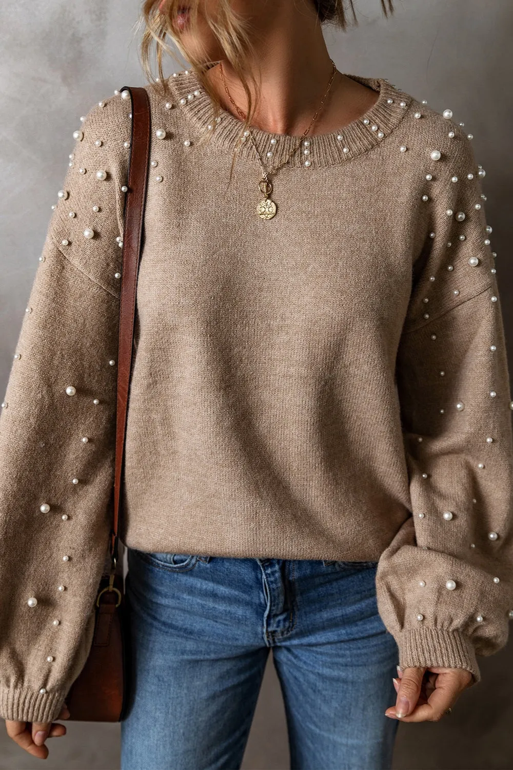 Pearl Detail Round Neck Long Sleeve Sweater | Chic & Cozy