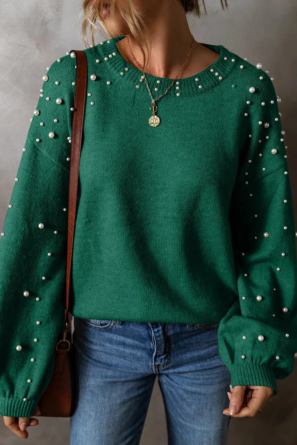 Pearl Detail Round Neck Long Sleeve Sweater | Chic & Cozy