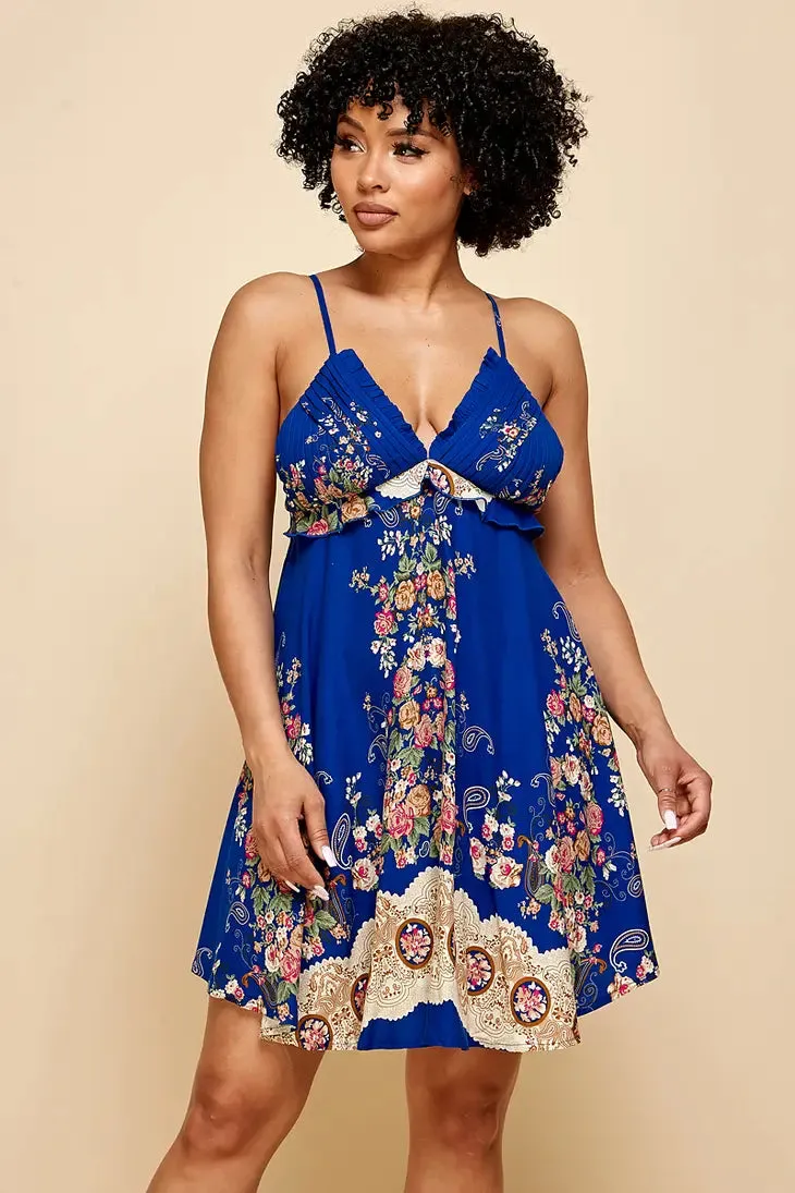 Royal Blue Patterned Straps Mini Dress