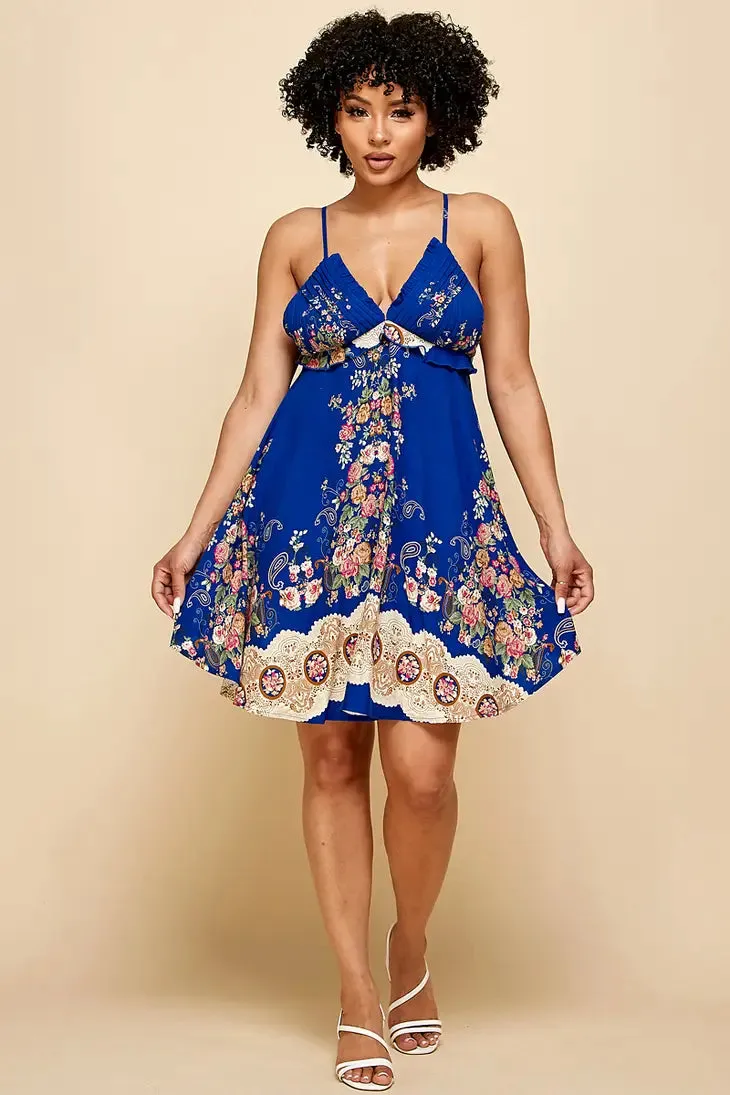 Royal Blue Patterned Straps Mini Dress