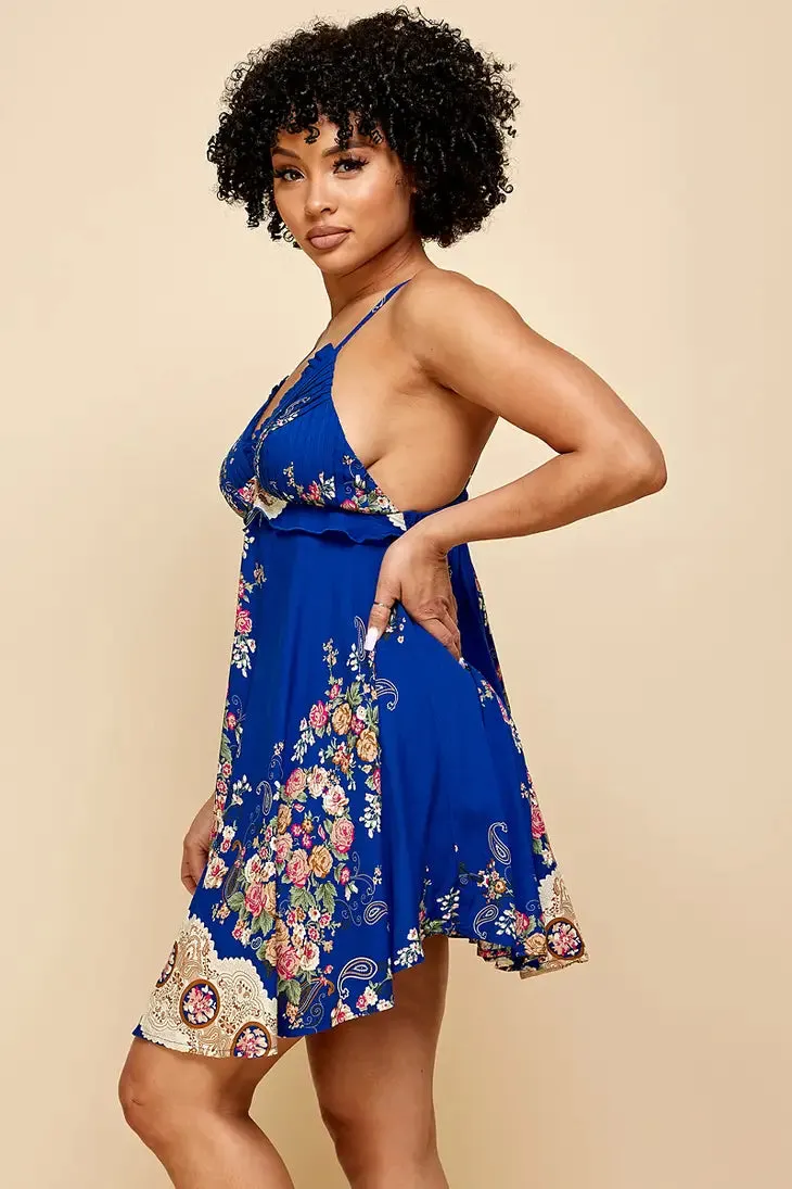 Royal Blue Patterned Straps Mini Dress