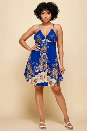 Royal Blue Patterned Straps Mini Dress