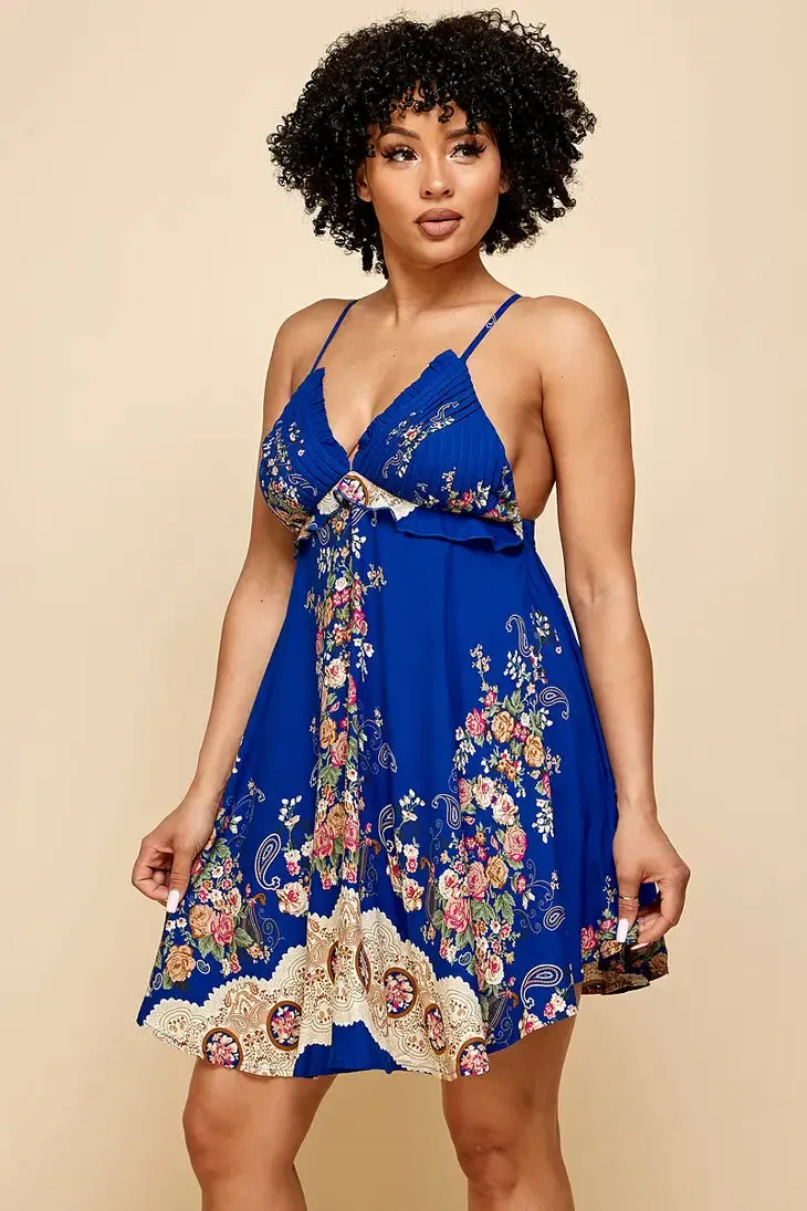 Royal Blue Patterned Straps Mini Dress