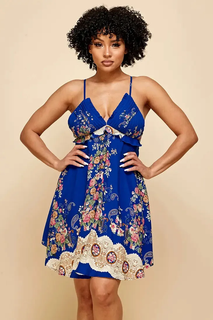 Royal Blue Patterned Straps Mini Dress