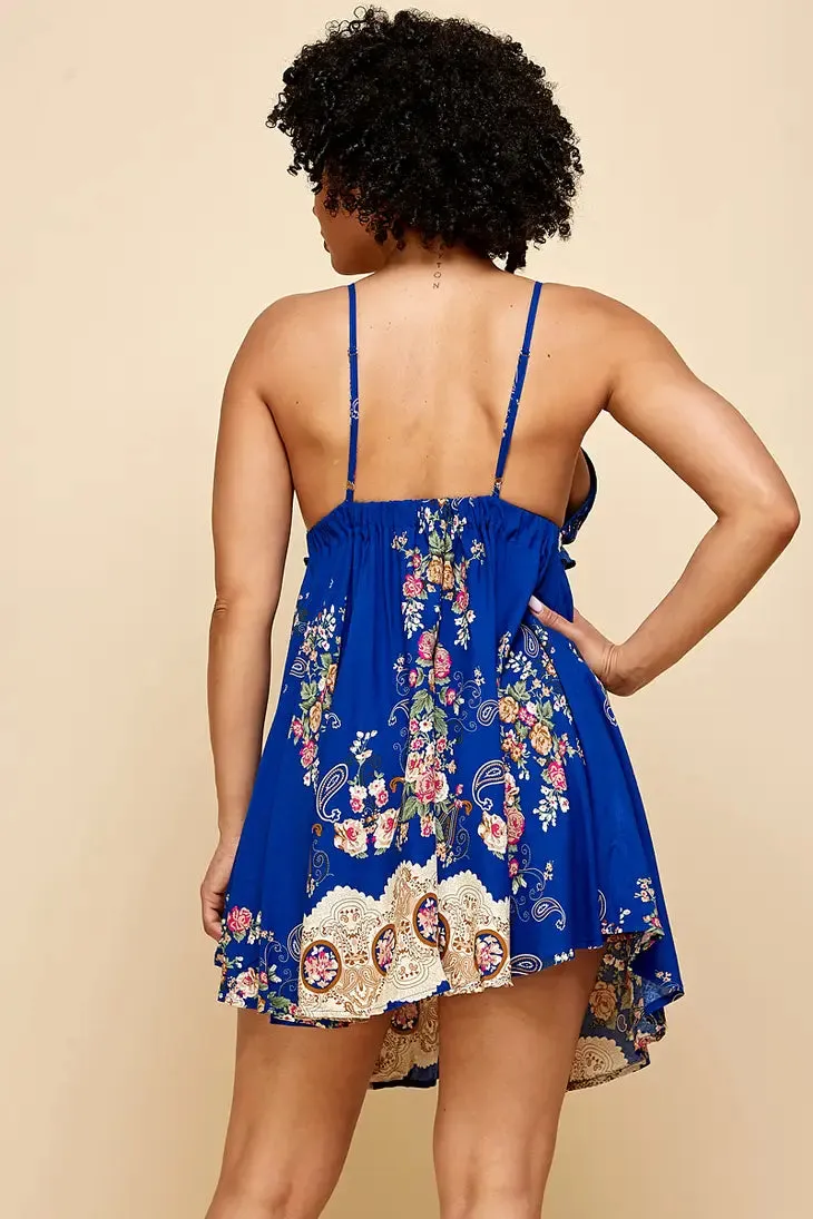 Royal Blue Patterned Straps Mini Dress